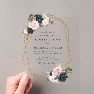 Invitations En Acrylique Navy et floral aquarelle géométrique mariage