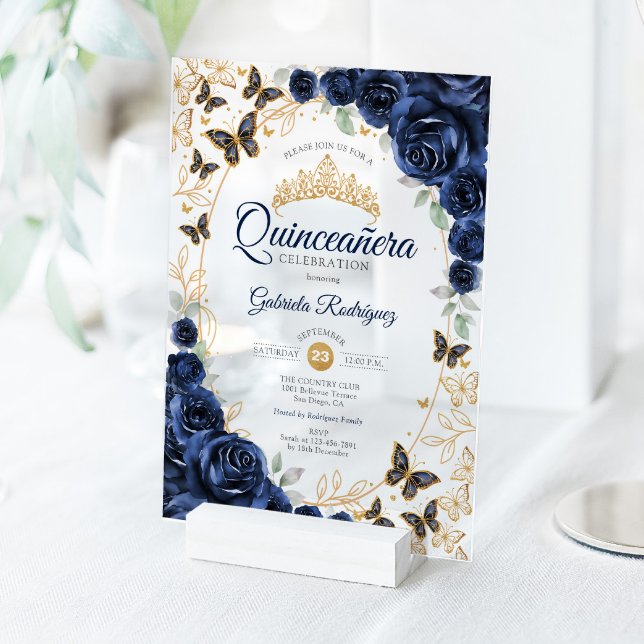 Invitations En Acrylique Navy Gold Floral Quinceanera (Créateur téléchargé)