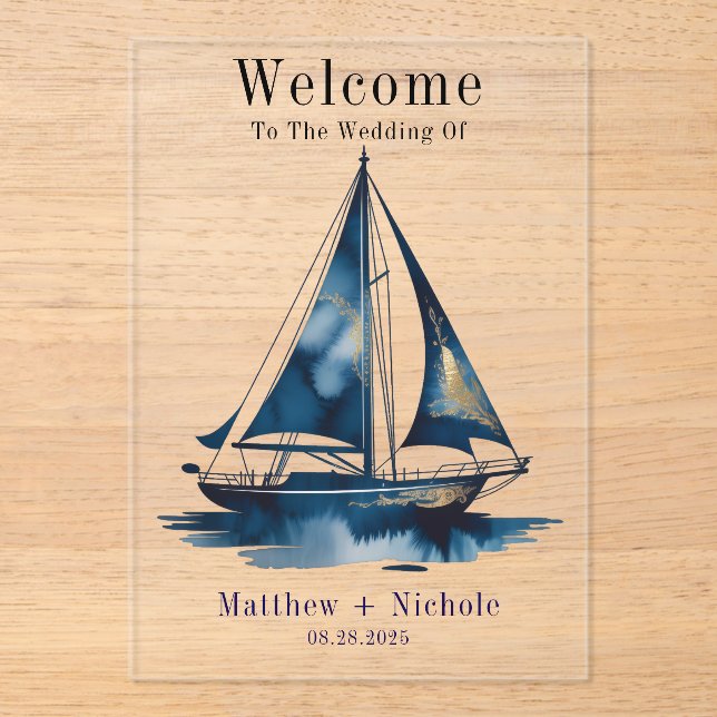 Invitations En Acrylique Navy Gold Nautical Boat Gold Wedding Welcome Sign (Recto)