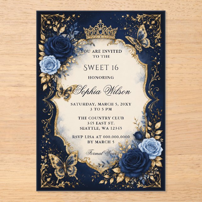 Invitations En Acrylique Navy Or Floral Papillon Douce 16 (Recto)
