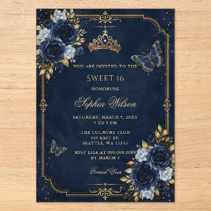 Invitations En Acrylique Navy Or Floral Papillon Douce 16