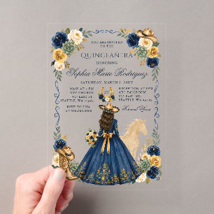 Invitations En Acrylique Navy Or Western Horse Floral Charra Quinceañera