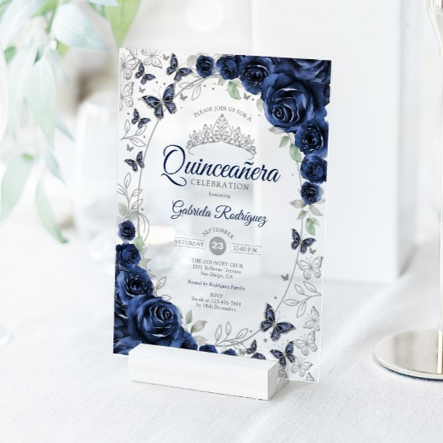 Invitations En Acrylique Navy Silver Floral Quinceanera (Créateur téléchargé)