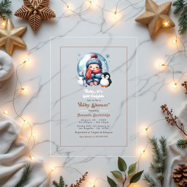 Invitations En Acrylique Neige d'hiver "Bébé, il fait froid dehors !" Baby  (Winter Snow "Baby, it's cold Outside!" Baby Shower Acrylic Invitation)