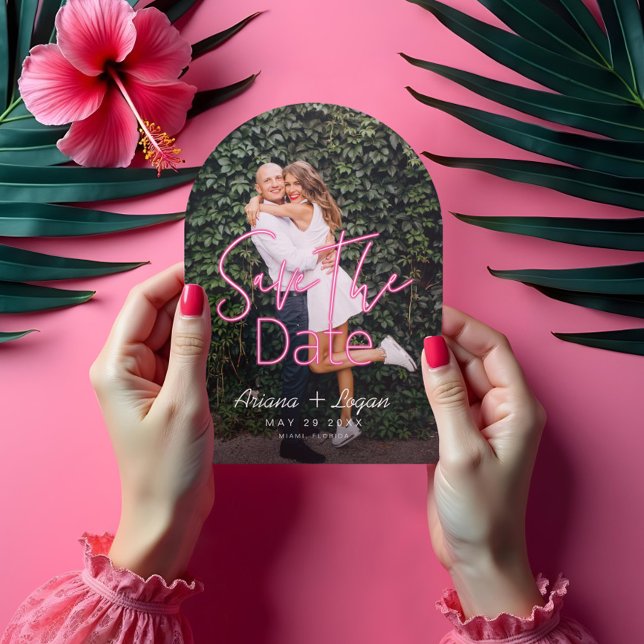 Invitations En Acrylique Neon Pink Modern Script Photo Enregistrer la date (Electric Love Neon Pink Heart & Typographic Photo Acrylic Invitations)