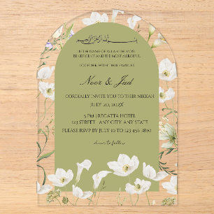 Invitations En Acrylique Nikkah en Acrylique Arc de Fleur Élégant Blanc