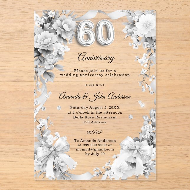 Invitations En Acrylique noces d'argent 60 ans fleurs rubans (Recto)