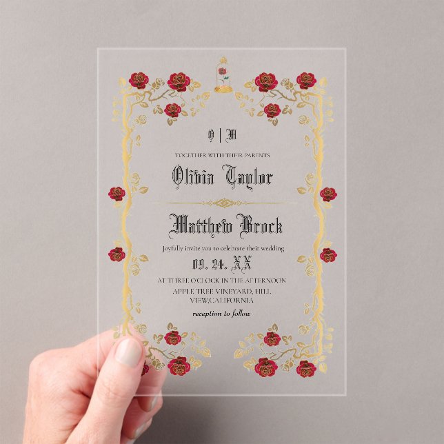 Invitations En Acrylique Noces de conte de fées de la Bête dorée et de la B (In situ (ordinateur de poche))