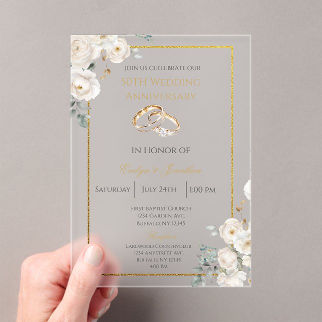 Invitations En Acrylique Noces de fleurs blanches 50 ans (In situ (ordinateur de poche))