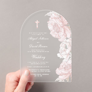 Invitations En Acrylique Noces de l'arche de pivoines roses et blanches pou