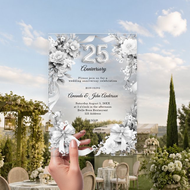 Invitations En Acrylique noces de mariage argent fleurs rubans 25 ans (Créateur téléchargé)