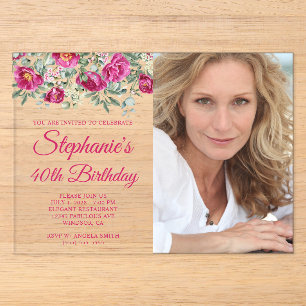 Invitations En Acrylique Noces de rubis Photo de pivoines aquarelles rose c