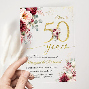 Invitations En Acrylique Noces d'or 50 ans de mariage Élégant Bourgogne 
