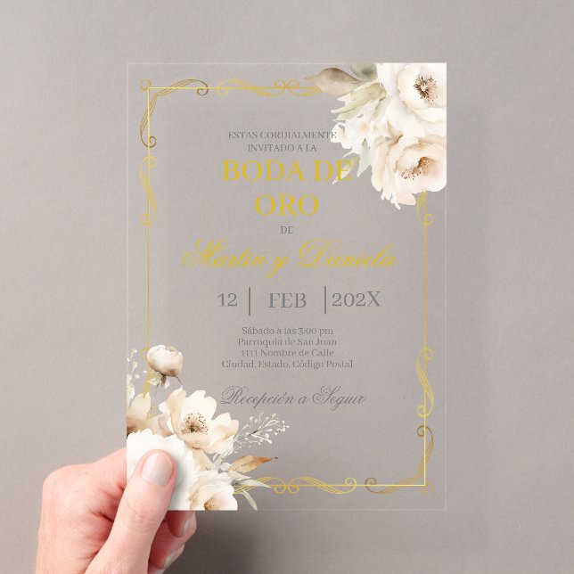 Invitations En Acrylique Noces d'or avec fleur blanche (In situ (ordinateur de poche))