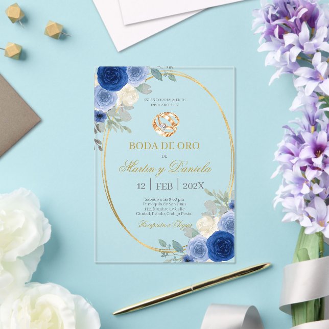 Invitations En Acrylique Noces d'or avec fleur bleue (Insitu (Mariage))