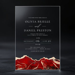 Invitations En Acrylique Noces Élégantes Modernes en Agate Rouge Or