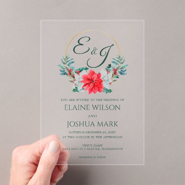 Invitations En Acrylique Noël Berry Poinsettia Mariage de monogramme de cou (In situ (ordinateur de poche))