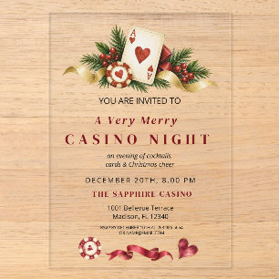 Invitations En Acrylique Noël Casino Nuit Rouge Or Vert Glamour