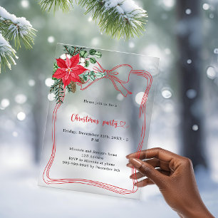 Invitations En Acrylique Noël fête poinsettia doré ruban rouge givré