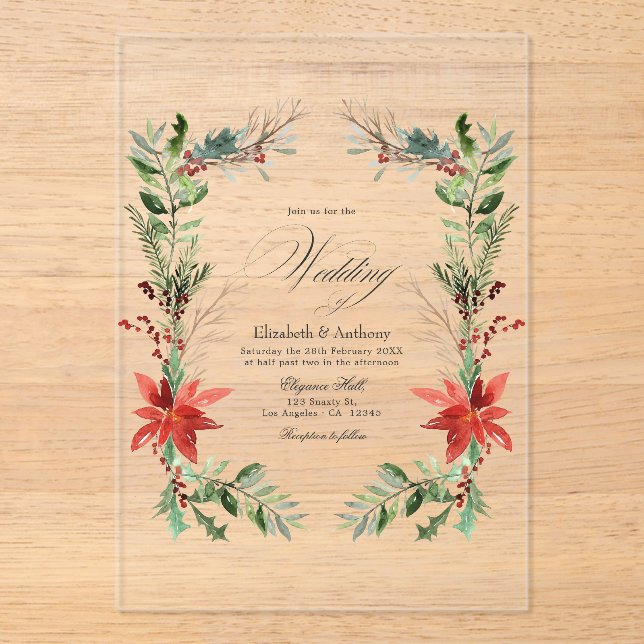 Invitations En Acrylique Noël hiver Floral Mariage transparent (Recto)