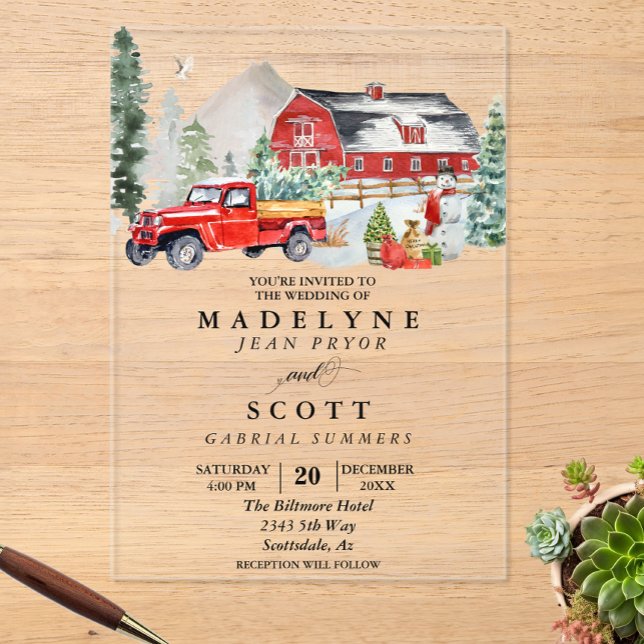 Invitations En Acrylique Noël hiver Mariage campagnard de la grange à neige (Créateur téléchargé)