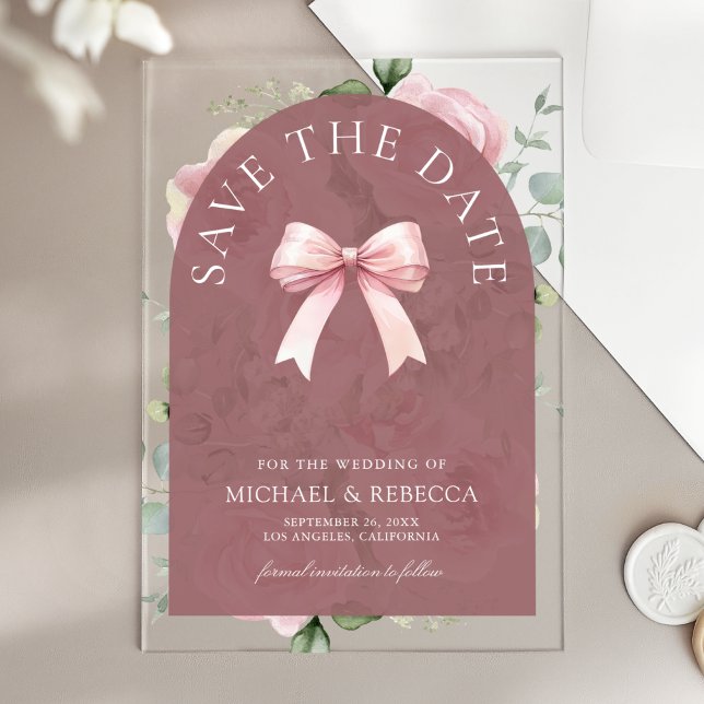 Invitations En Acrylique Nœud Floral Rose Poussiéreuse Rose Mariage Épargne (Créateur téléchargé)