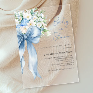 Invitations En Acrylique Noeud Papillon Floral Bleu Bébé en Fleur Baby Show