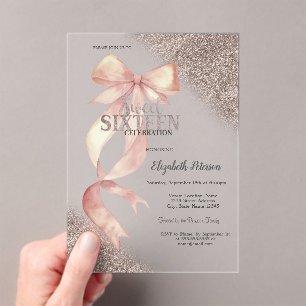 Invitations En Acrylique Nœud rose chic pailleté or rose Sweet 16 