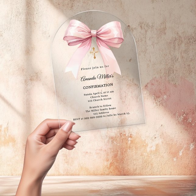 Invitations En Acrylique Nœud rose crème fille Confirmation arche (Créateur téléchargé)