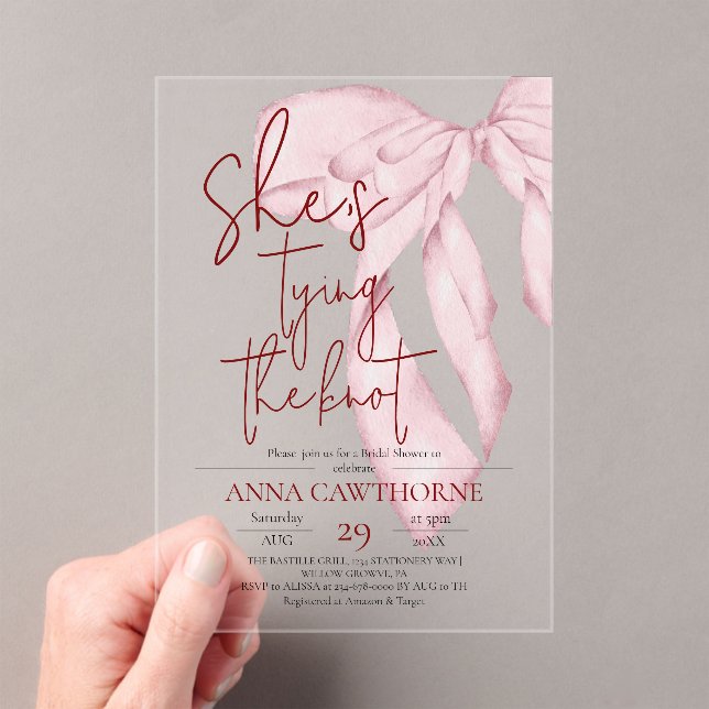Invitations En Acrylique Nœud rose poussiéreux ⎮Élégante moderne douche de  (In situ (ordinateur de poche))