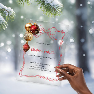 Invitations En Acrylique Nœud rouge baubles dorés Noël Party givré