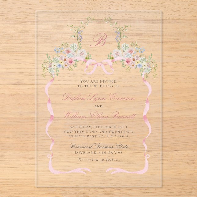 Invitations En Acrylique Nœuds et Fleurs Monogrammés pour Mariage (Recto)