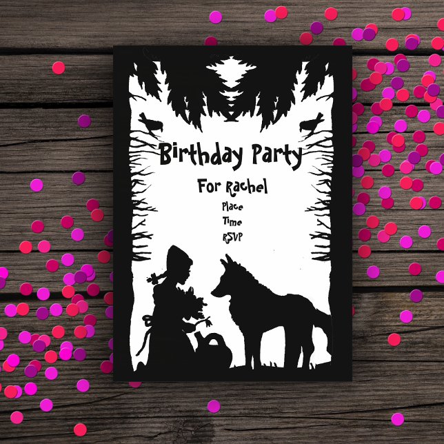 Invitations En Acrylique Noir Blanc Riding Hood Wolf Trees Anniversaire (Red riding hood wolf in forest trees birds watering can on black white acrylic Birthday invitation.)