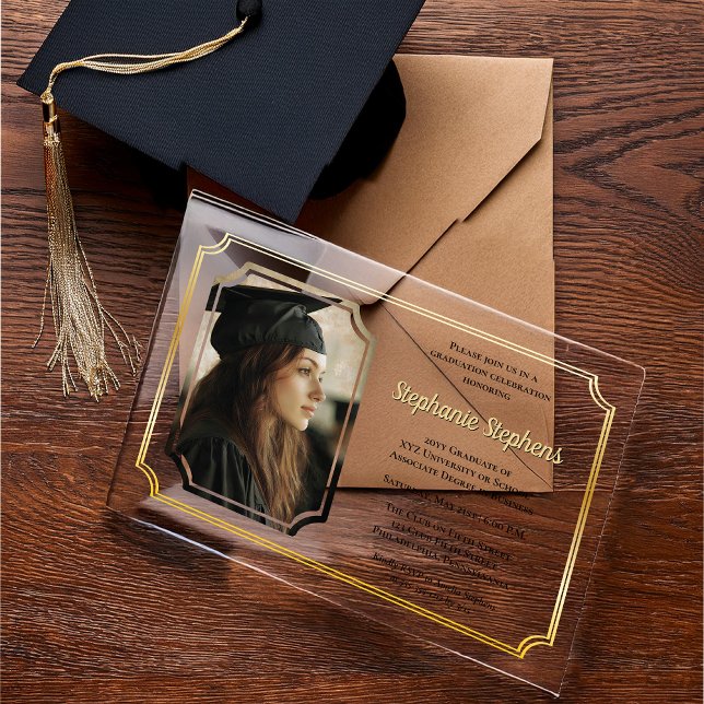 Invitations En Acrylique Noir élégant | Gold College University Graduation  (Elegant Black and Gold Tone College or University Photo Graduation Acrylic Announcement | Invitation)