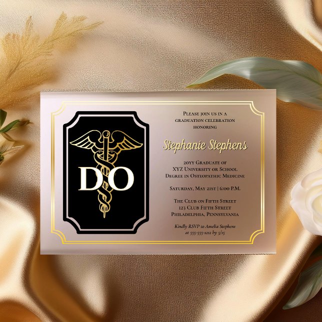 Invitations En Acrylique Noir élégant | Gold Doctor DO Graduation Party (Elegant Black | Gold Tone Doctor of Osteopathic Medicine "DO" Graduation Party Acrylic Invitations)