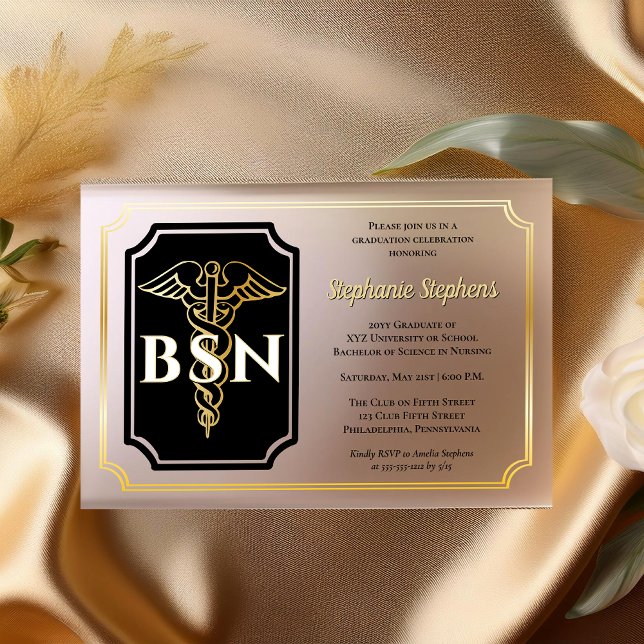 Invitations En Acrylique Noir élégant | Gold Nurse BSN Graduation Party (Elegant  Black and Gold-Toned Nurse "BSN" Graduation Party Acrylic Invitations)