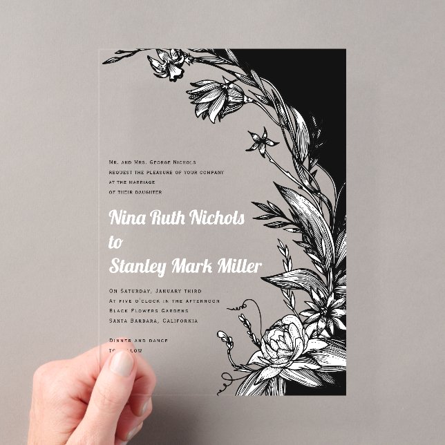 Invitations En Acrylique Noir et fleurs, typographie florale mariage (In situ (ordinateur de poche))