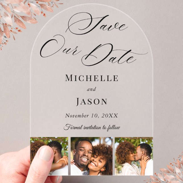 Invitations En Acrylique Noir moderne 3 Photo Bande mariage Enregistrer la  (Créateur téléchargé)