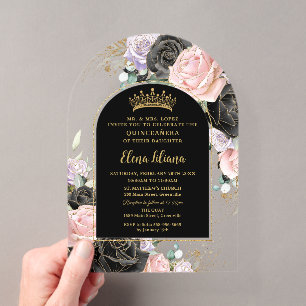 Invitations En Acrylique Noir Rose Violet Floral Or Quinceanera Douce 16