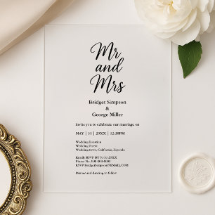 Invitations En Acrylique noir transparent mr et mrs Élégant Mariage