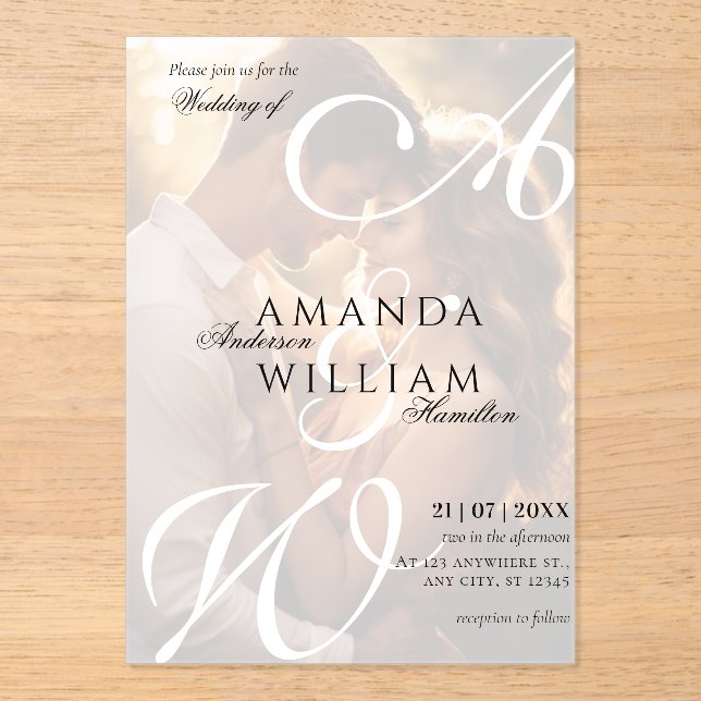 Invitations En Acrylique Noms de Script Élégants Modernes Photo Mariage (Recto)