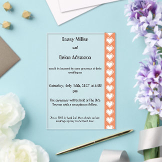 Invitations En Acrylique Nos cœurs 8 bits en mariage en acrylique corail
