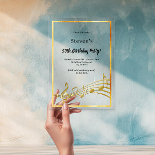 Invitations En Acrylique Notes de musique dorées anniversaire clair
