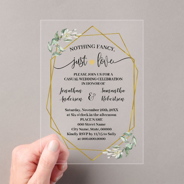 Invitations En Acrylique Nothing Fancy Just Love Elopement Greenery Gold (In situ (ordinateur de poche))