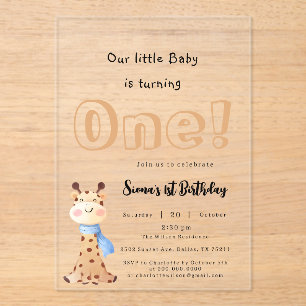 Invitations En Acrylique Notre Bébé tourne une petite girafe 1er anniversai