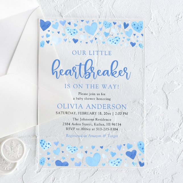 Invitations En Acrylique Notre Petit Coeur Bleu Baby shower Valentin (Watercolor Cute Blue Hearts A Little Heartbreaker Valentine Baby Boy Acrylic Baby Shower Invitation)