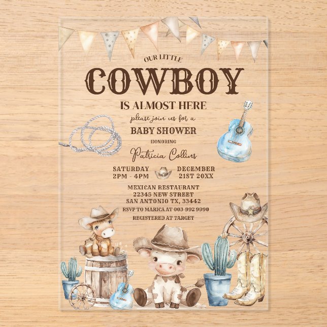 Invitations En Acrylique Notre petit Cowboy Wild West 1er Anniversaire Cact (Recto)