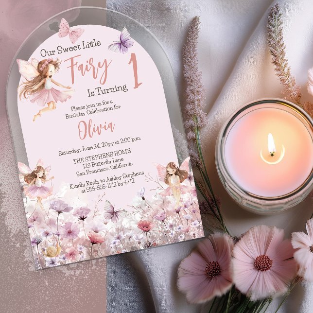 Invitations En Acrylique Notre Sweet Little Fairy 1er anniversaire fête ("Our Sweet Little Fairy Is Turning 1" Enchanting Fairies Girl 1st Birthday Party Acrylic Invitation)
