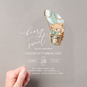 Invitations En Acrylique Nounours en peluche, ballon à air chaud vert, prem