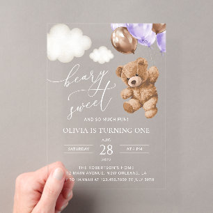 Invitations En Acrylique Nounours en peluche, Ballons violets, Premier anni